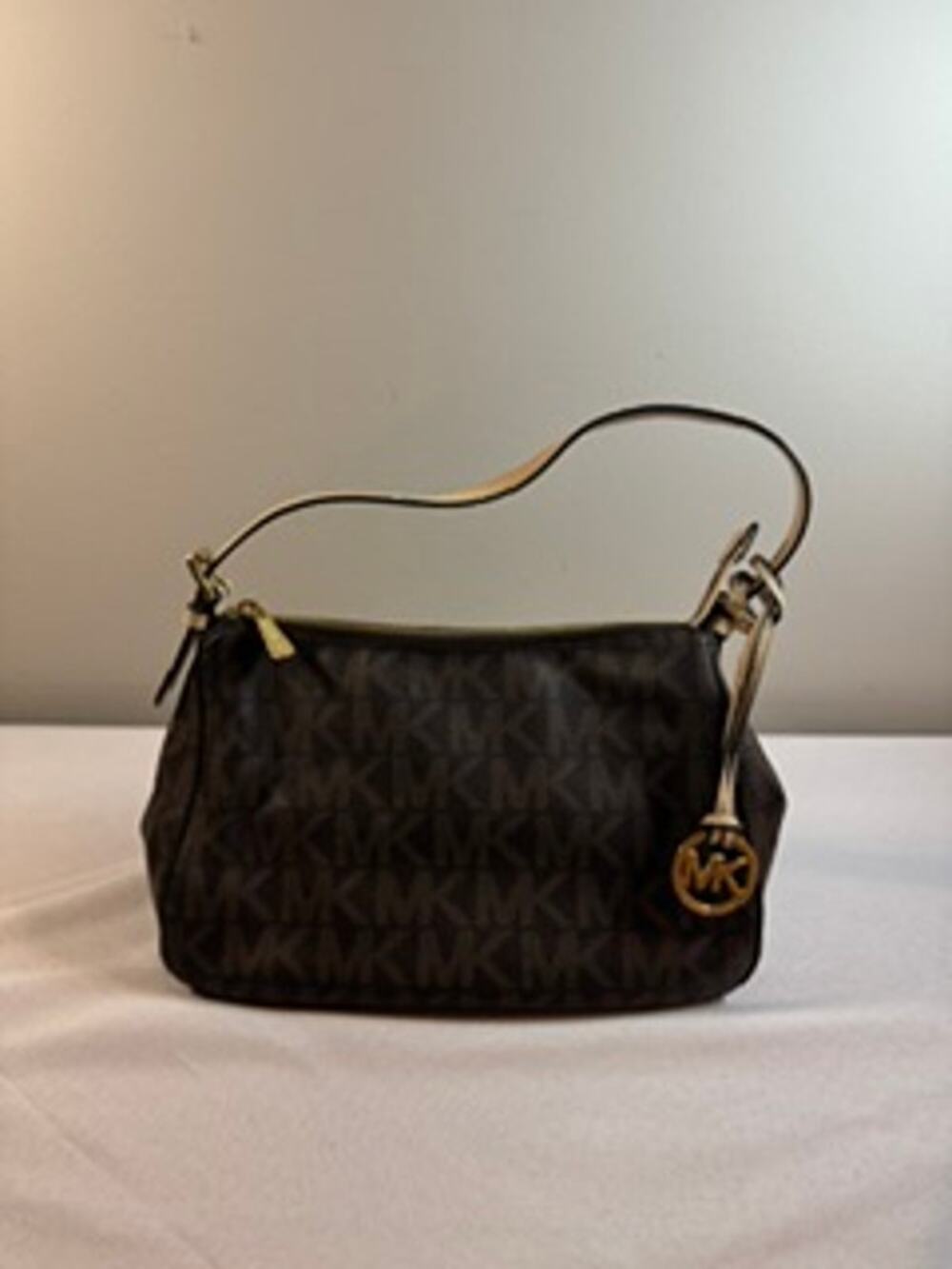 Michael Kors Signature MK Logo Shoulder Bag Brown Tan Gold Hardware